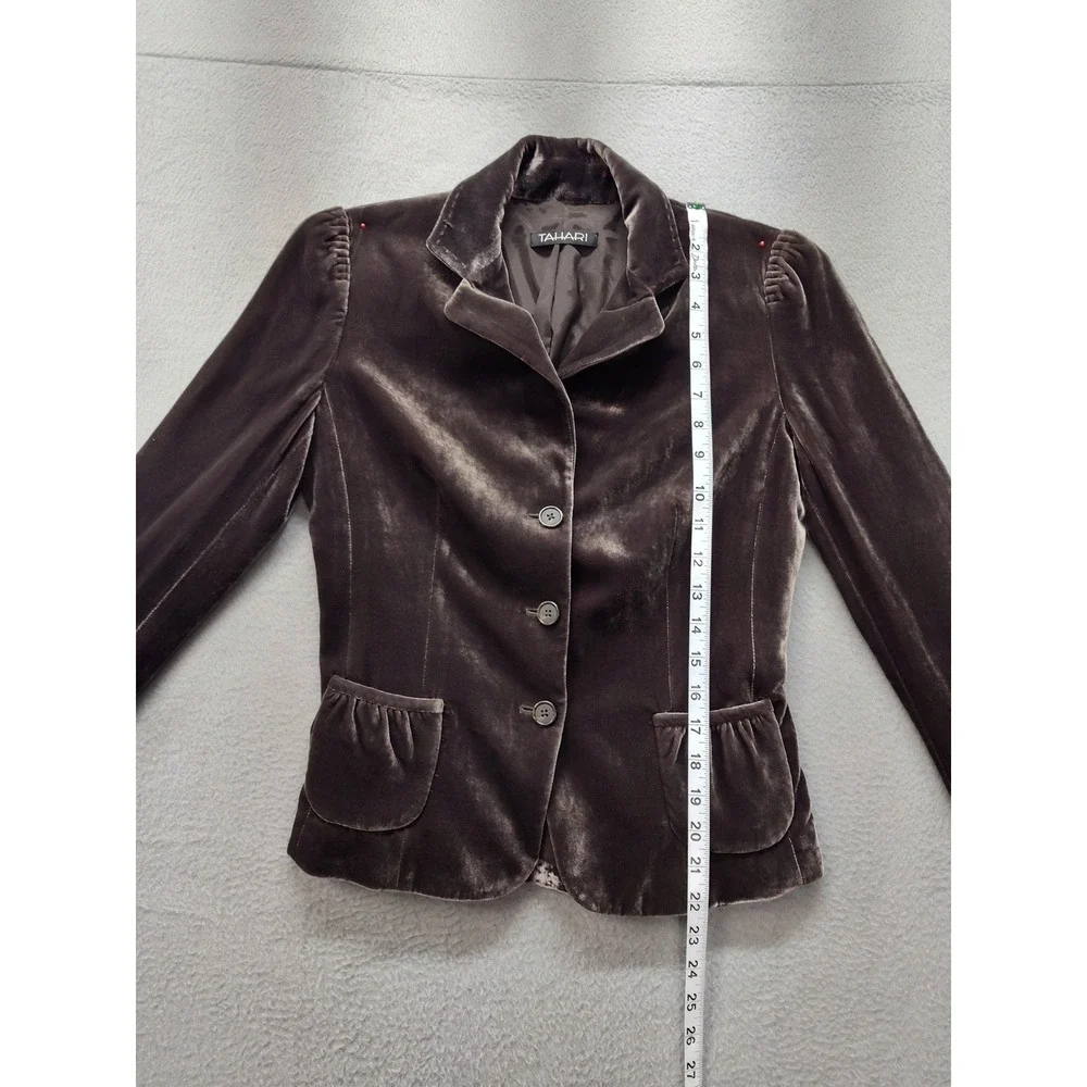 Tahari Brown Velvet Silk Blend Blazer Jacket Size 0 Pockets Ruched Classic